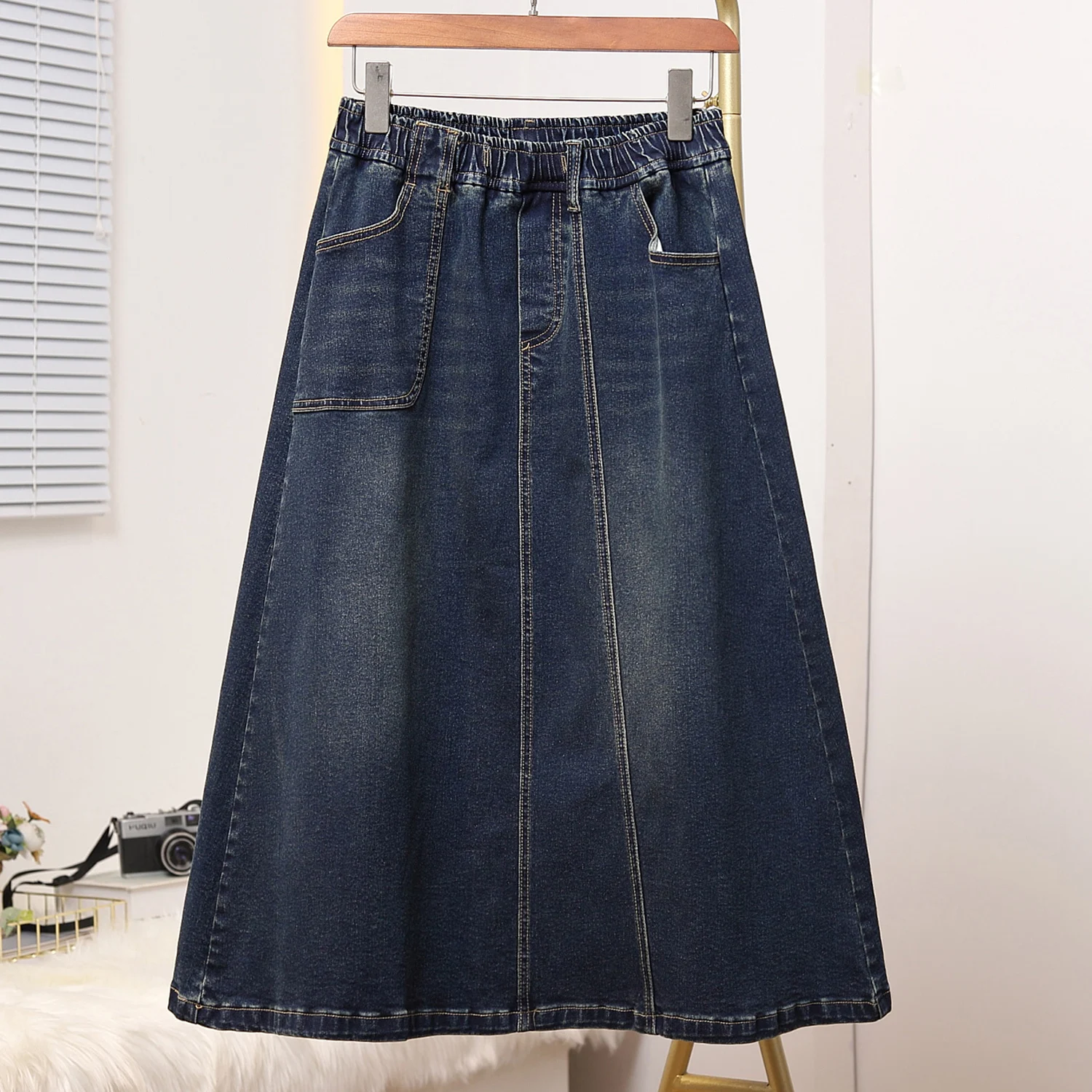 Fashionable Loose Mid-Length Denim Skirt High Waist Cotton Blend Elastic Waist Midi Skirt for plus Size Women Autumn New Style