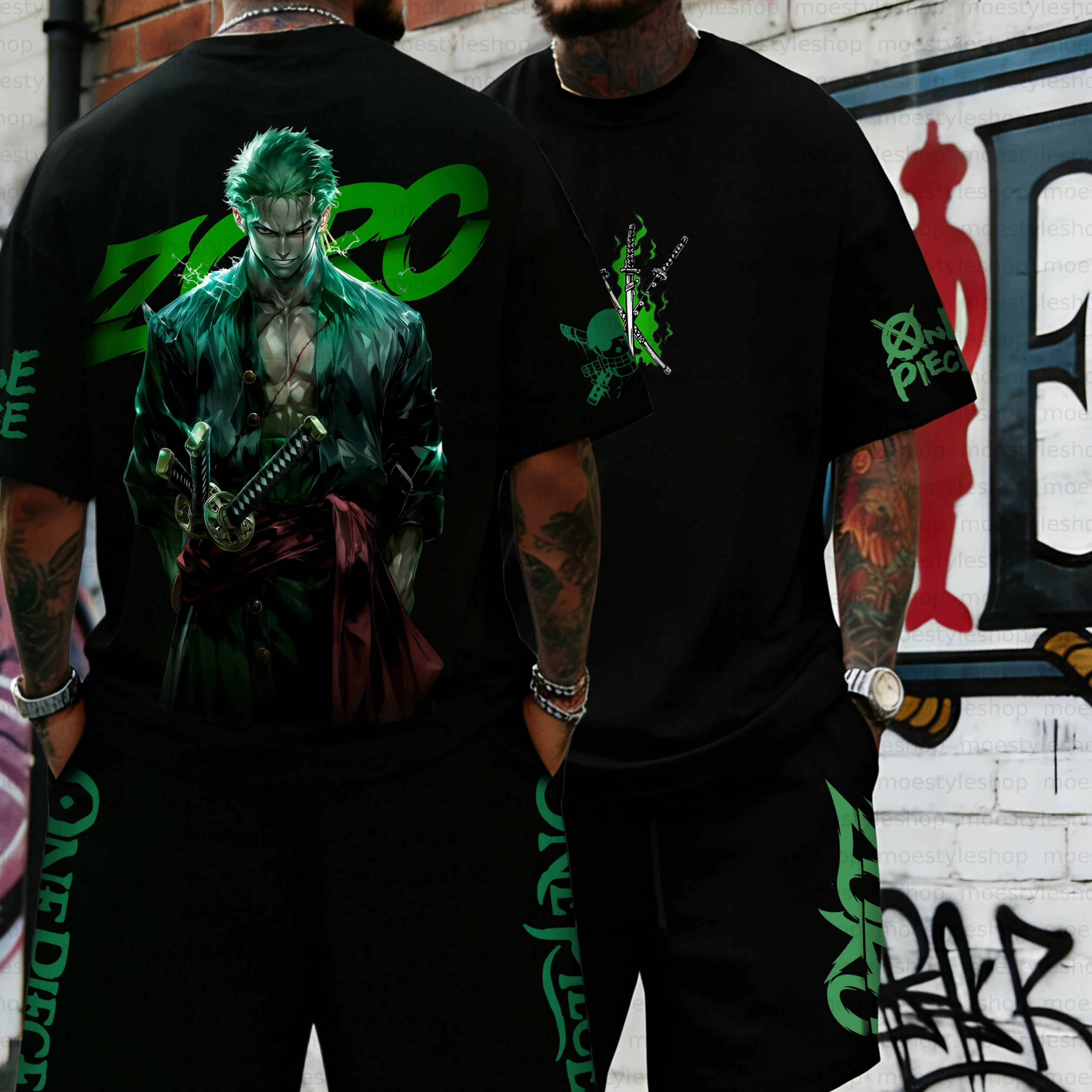 

2026 Men's One Piece Roronoa Zoro Anime Quick Dry T-Shirt and Shorts Set Black Oversized Short Sleeve Sportswear Streetwear