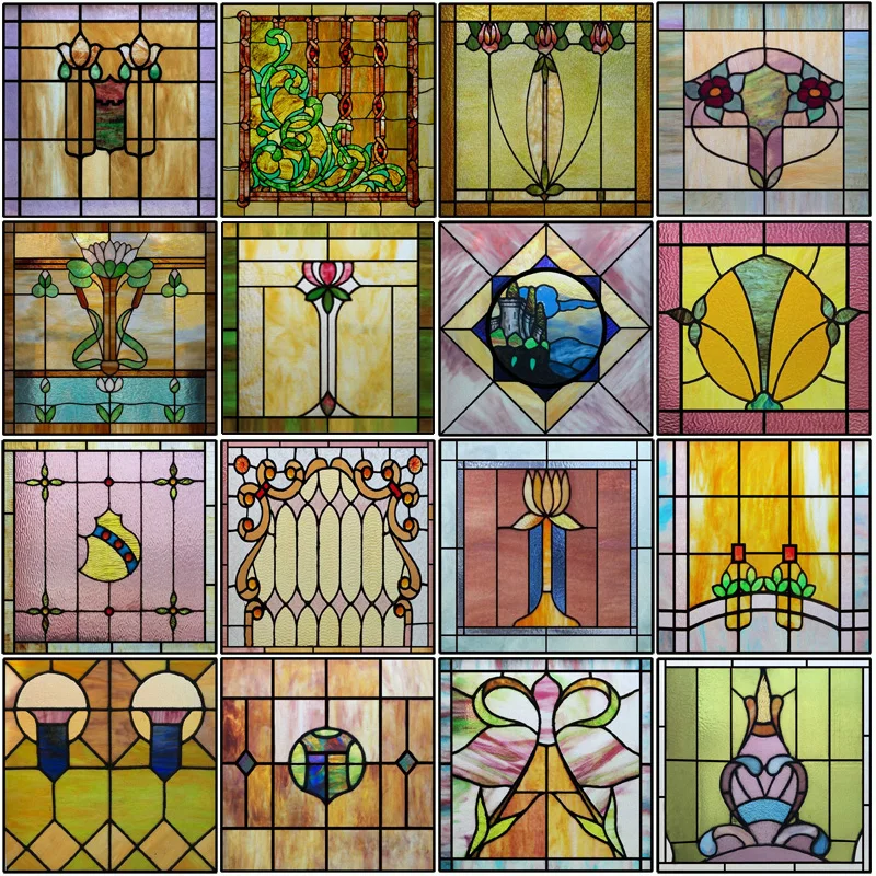 Custom Size Glass Film, Stained Glass Sticker, Frosted Privacy, Static Cling, Retro Vintage Pattern,Bathroom, Office, Home Decor