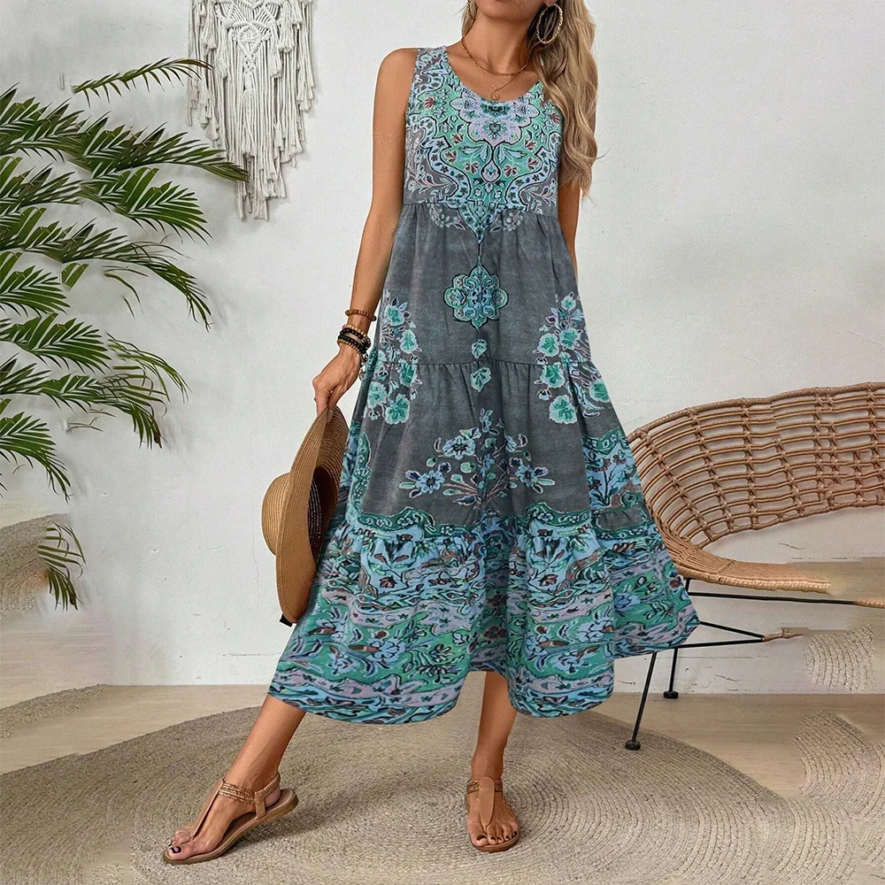 2026 Neues Europäisches & Amerikanisches Bedrucktes Ärmelloses V-Ausschnitt Tank-Kleid |   Stilvolles Urlaubskleid für Damen im Cross-Border-Stil