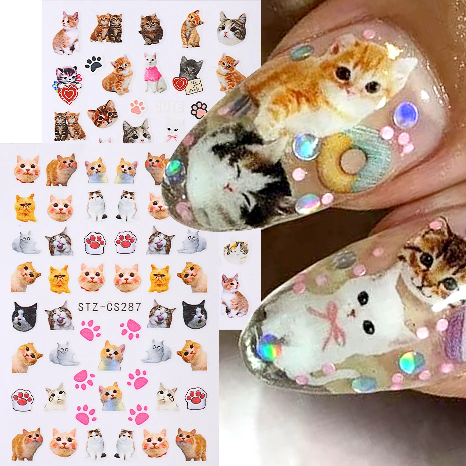 3D Gel Nail Stickers Different Cats Design Sliders Holographic Cat\'s Paw Self-Adhesive Decals Decoration Art Manicure Supplies