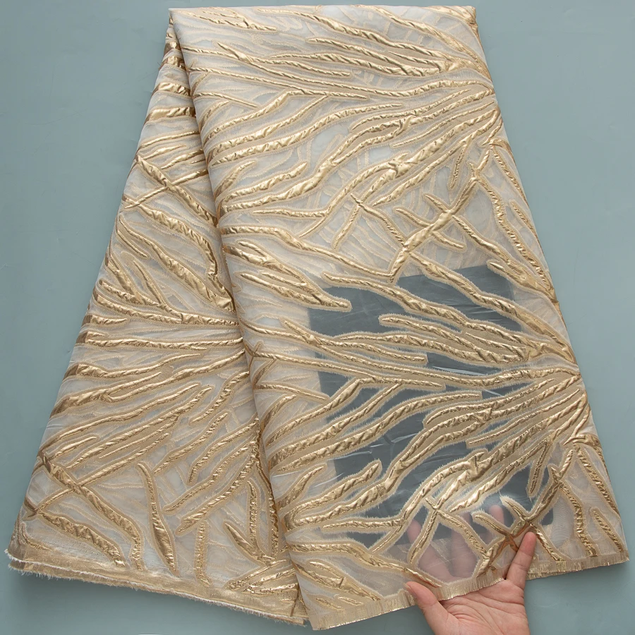 

​Luxury African Jacquard Lace with Metallic Gold Embroidery -Delicate Floral Motifs on Sheer White Ground, Ideal for Bridal Gown