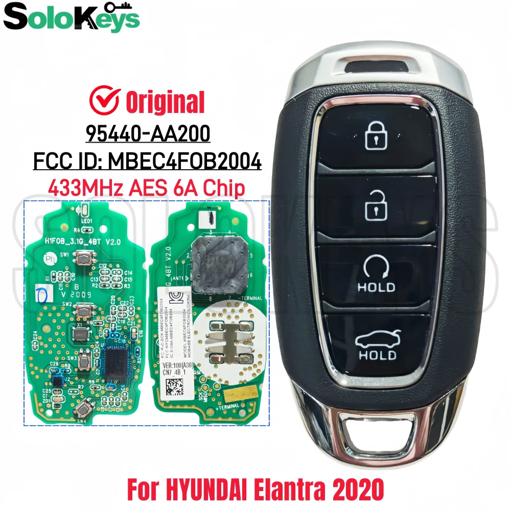 

SOLOKEYS 95440-AA200 FCC ID: MBEC4FOB2004 433MHz AES 6A Chip For HYUNDAI Elantra 2020 Smart Remote Control Key With Logo Sticker
