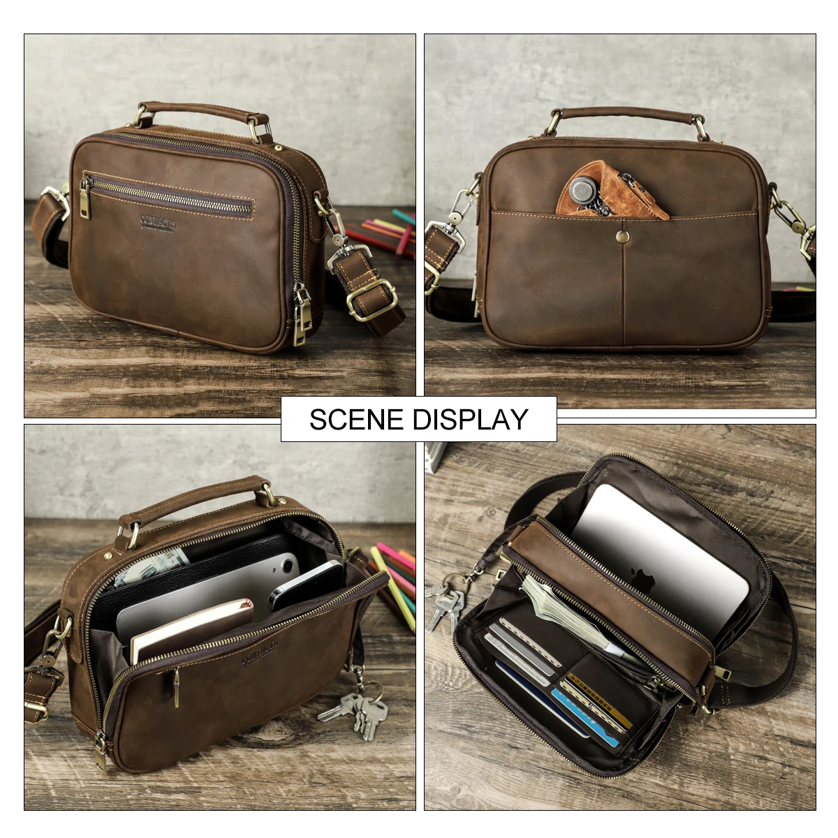 Vintage Crazy Horse Leather Male Middle Shoulder Crossbody Travel Package for Ipad Mini Notebook Retro Business Bag For Men