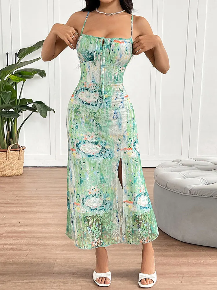 Women's Maxi Dresses Summer New Streetwear Fashion Print Lace-up Split Sling Dress Sexy Backless Elegant Female Clothing Dresses