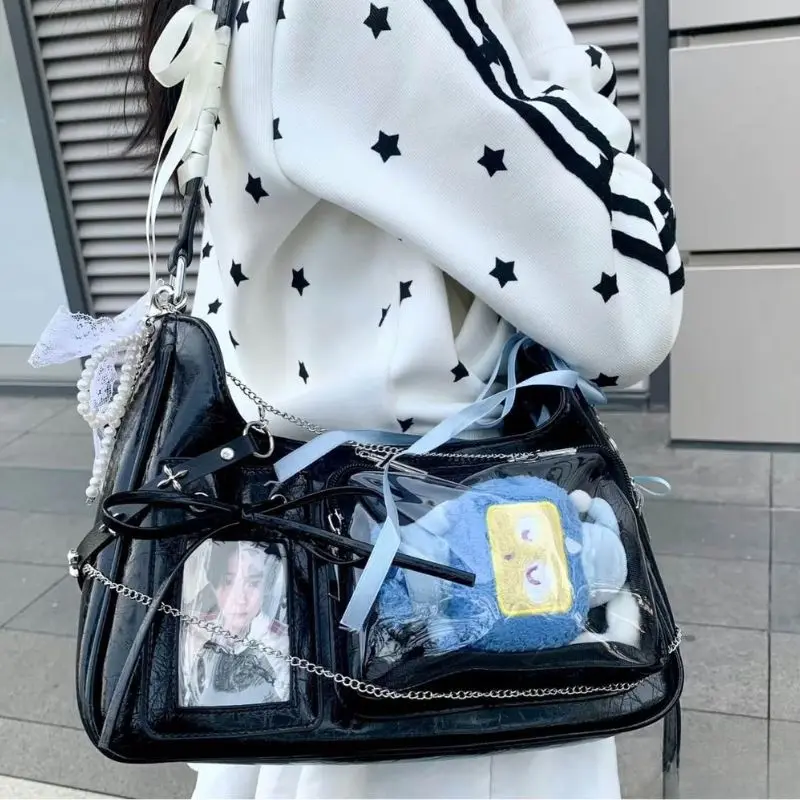 

Black Harajuku Ita Bags DIY Badge Tote Bag Lolita Handbag Transparent Ita Bags Japanese Designer Preppy Shoulder Crossbody Bag