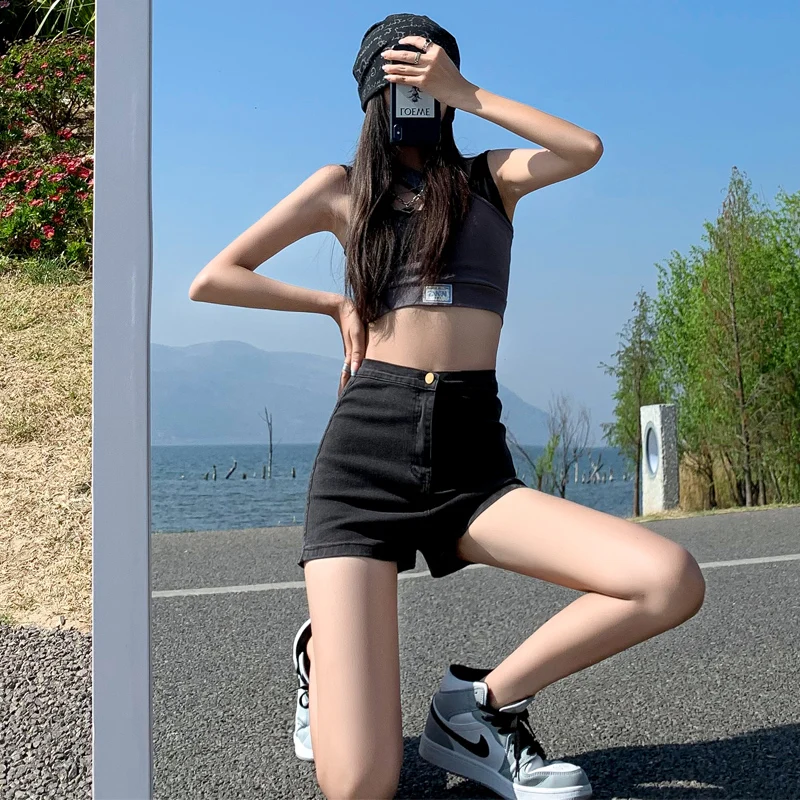 

Джинсовые орты с высокой талией, женские утягивающие трапециевидные формы, сексуальные, обтягивающие, модная верхняя одежда INS, хлопковая эластичная ткань, лето