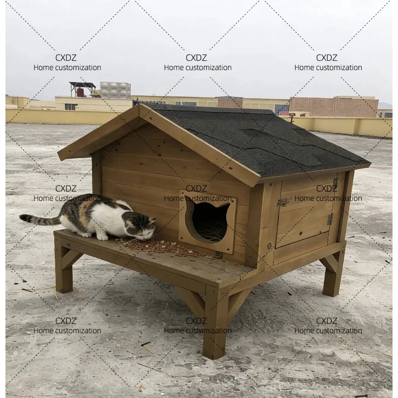 XFour Seasons Universal Cat Villa Outdoor Double Layer Solid Wood Household Cat House Stray Cat Cage Wooden House Padded Cotto