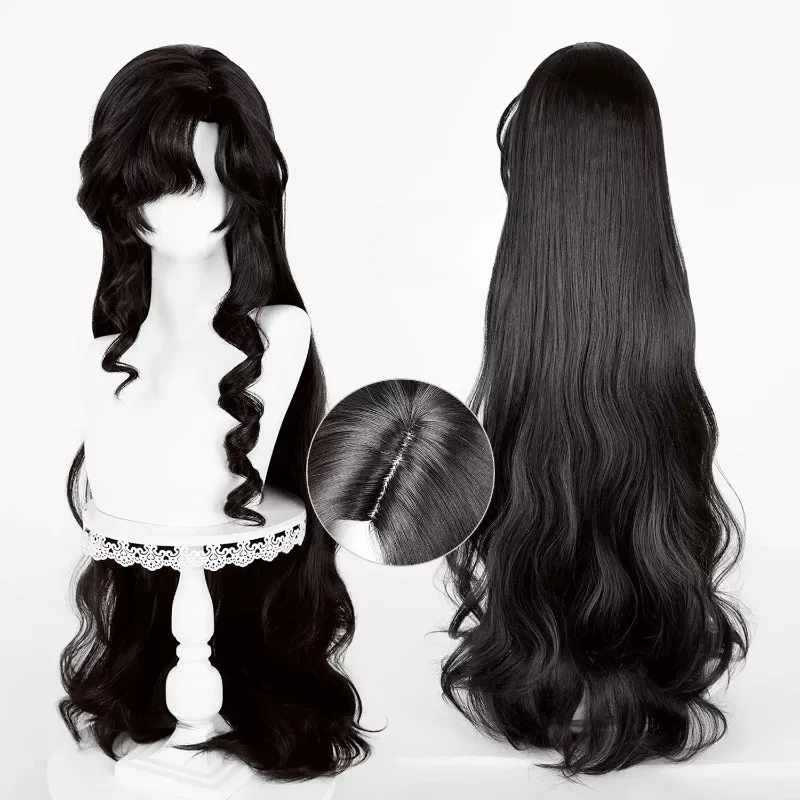 Long Black Wavy Cosplay Wig with Natural Scalp Top, Women Curly Full Head Wig for Anime Costume Party,  Resistant Synthetic Hair