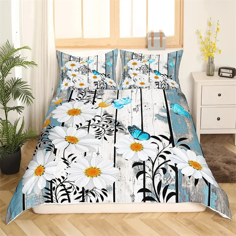 Lavender Duvet Cover Set, Daisies Color Decorative 2/3 Piece Bedding Set With Pillow Shams, Full Queen King Size, For Kids Girls