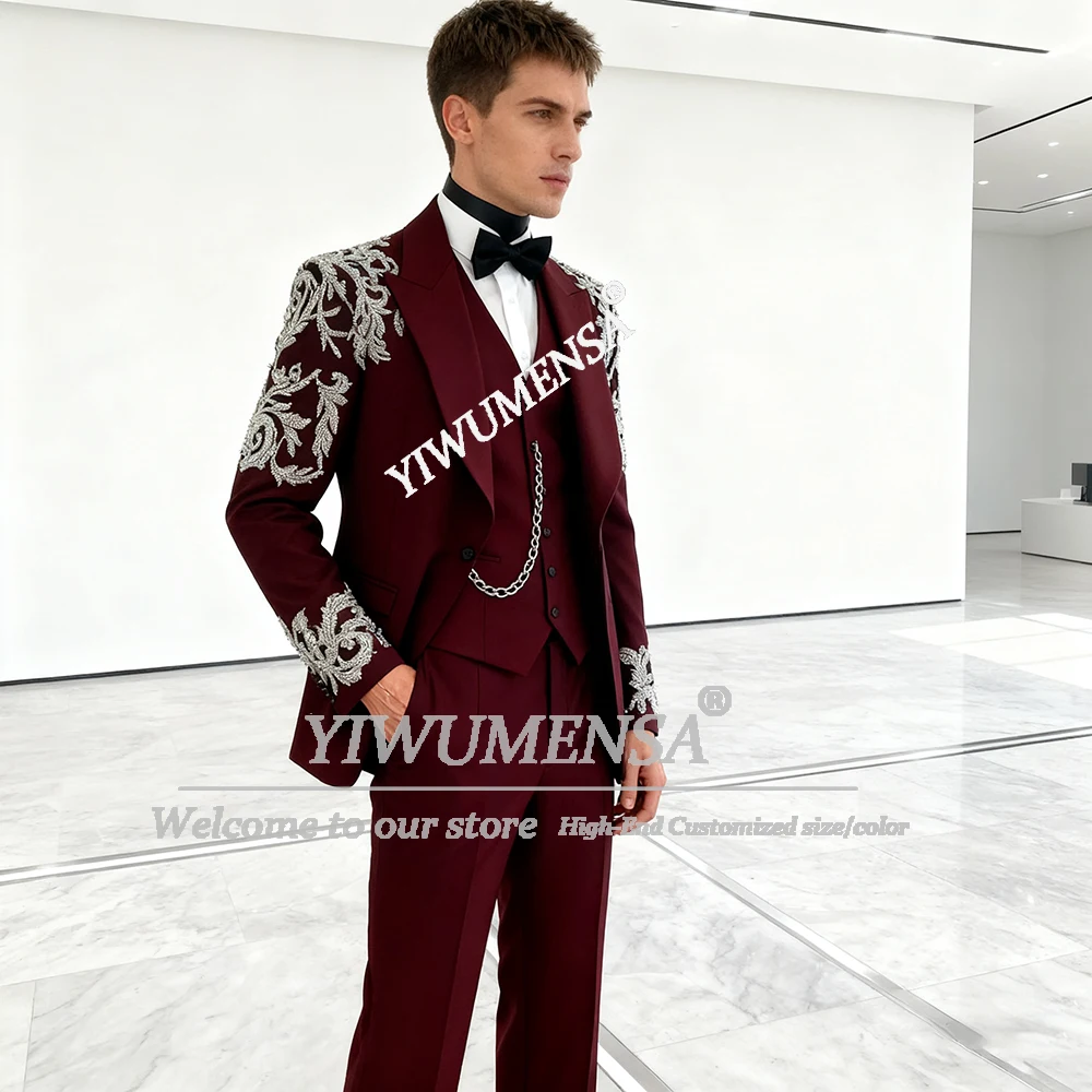 

Роскошные костюмы из бисера с кристаллами, мужской комплект из 3-х предметов, пиджак для выпускного вечера с остроконечной этикеткой, индивидуальный мужской банкетный жених, свадебный смокинг, костюм Homme