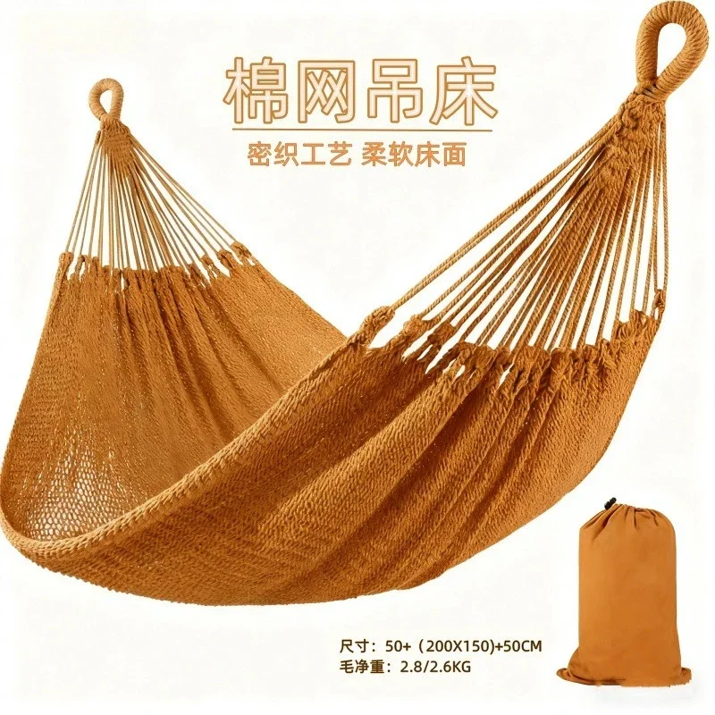 Cotton Rope Mesh Hammock, Hand‑Woven Double Person Swing Bed Portable Outdoor Camping Patio Backyard Balcony Hanging Swing