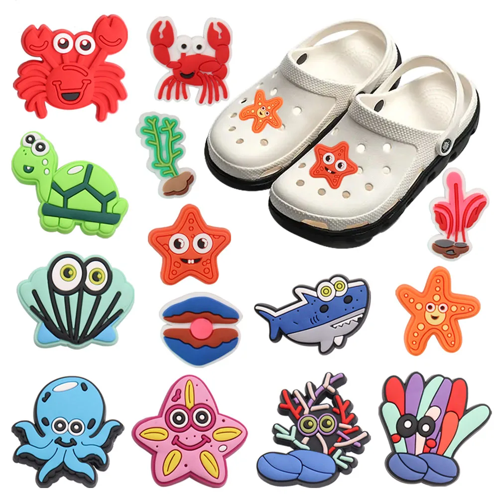 Good Quality 1-14pcs PVC Shoe Charms Crab Starfish Octopus Shark PVC Accessories Sandals Ornaments For Children DIY Present