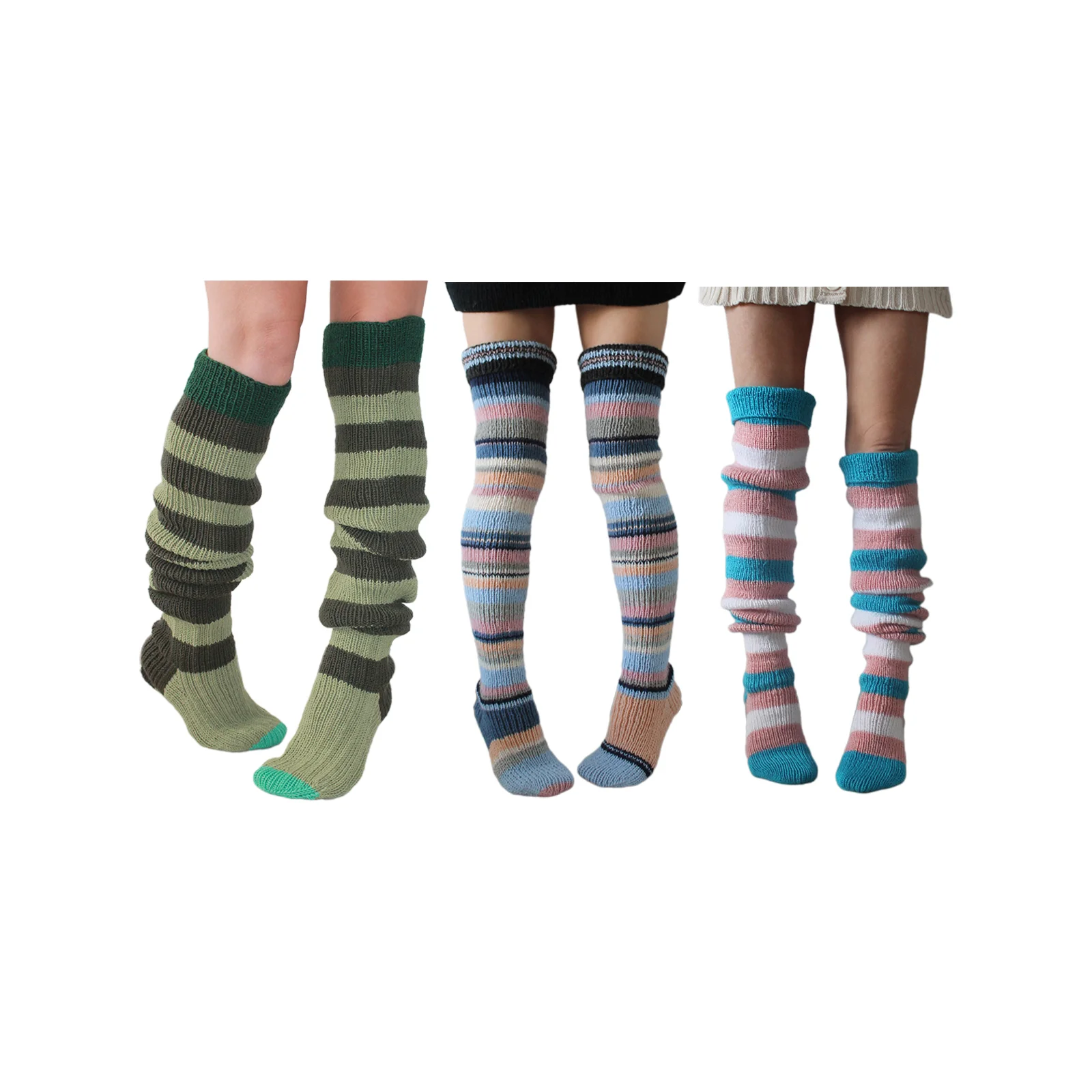 

Green, pink and blue striped long knee-high knitted pile socks three-color combination