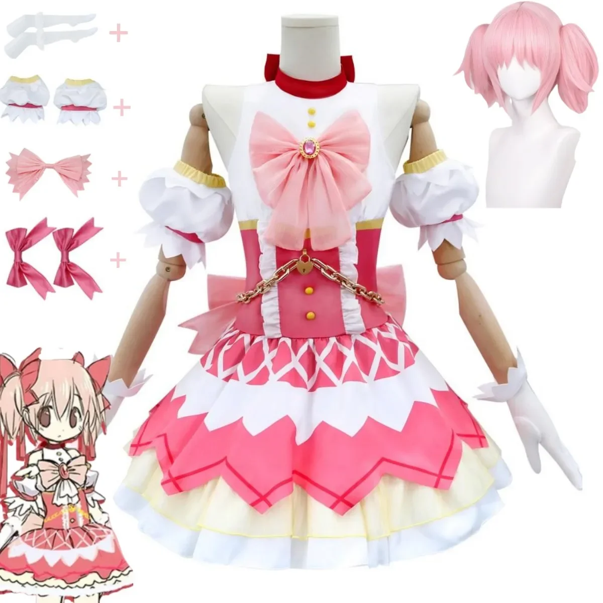 Disfraz de Anime Puella Magi Madoka Magica Kaname Madoka para mujer, vestido rosa mágico, zapatos Lolita, traje Kawaii