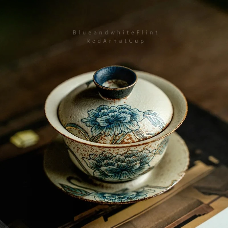 160ml Blue And White Flint Red Gaiwan Handmade Gold Drawing Peony Tea Tureen Tea Maker Cover Bowl Chinese Kung Fu Tea Set Craft