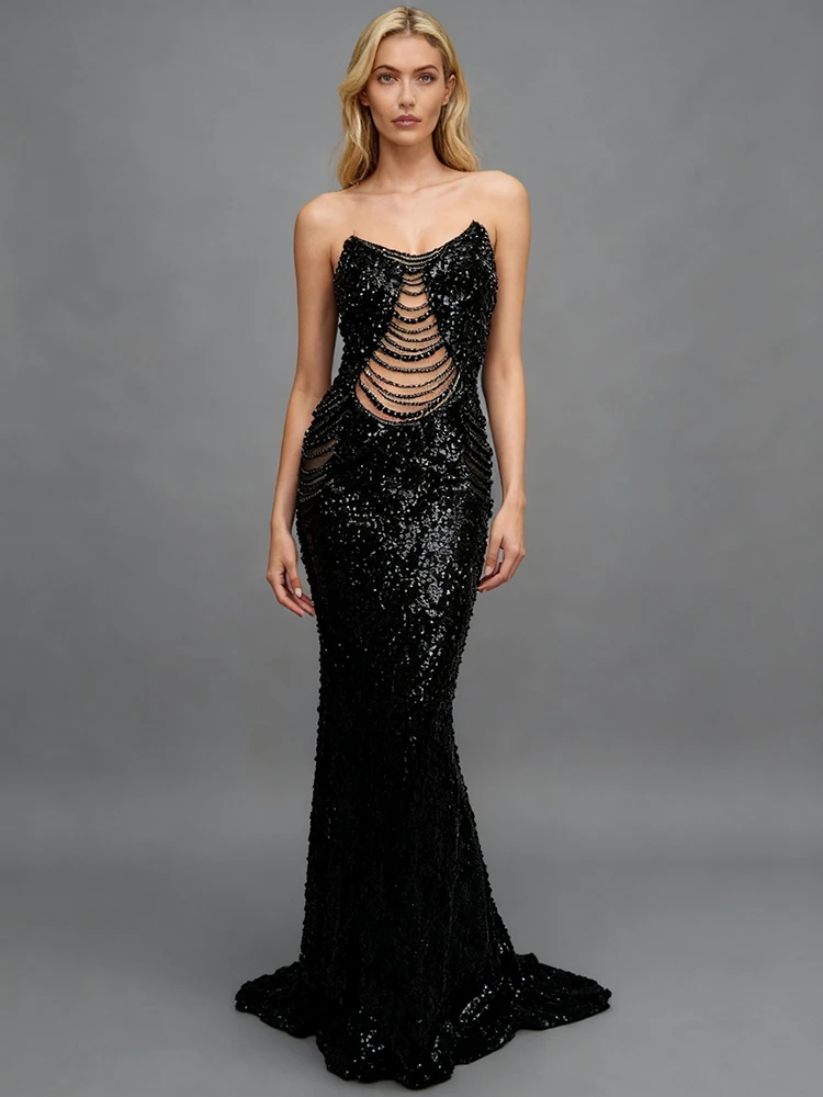 Sukienka maxi syrenka bez ramiączek z cekinami i koralikami, z wycięciami, idealna na imprezę lub galę, w stylu VC Fashion.