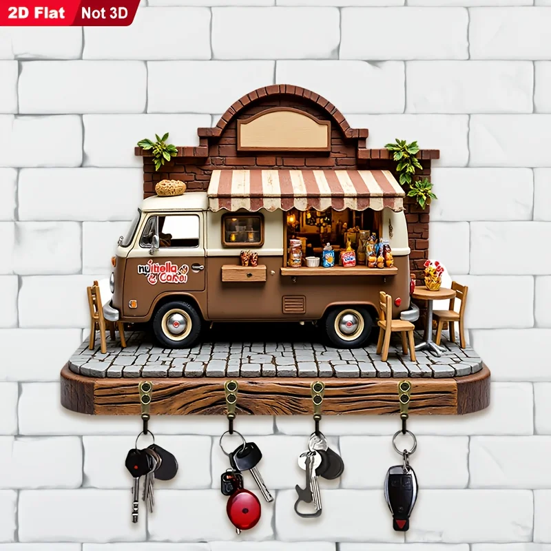 2D Flat, 1pc, Retro Diner Theme Key Hook, Wooden Multifunctional Home Key Rack, with Four Metal Hooks, Wall Decoration, Porch