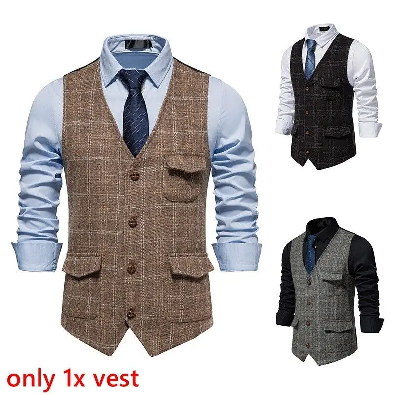 Retro Men Suit Vest British Style Single Breasted Woolen Sleeveless Jacket Slim Fit Vests Wedding Party Formal Blazer Waistcoat