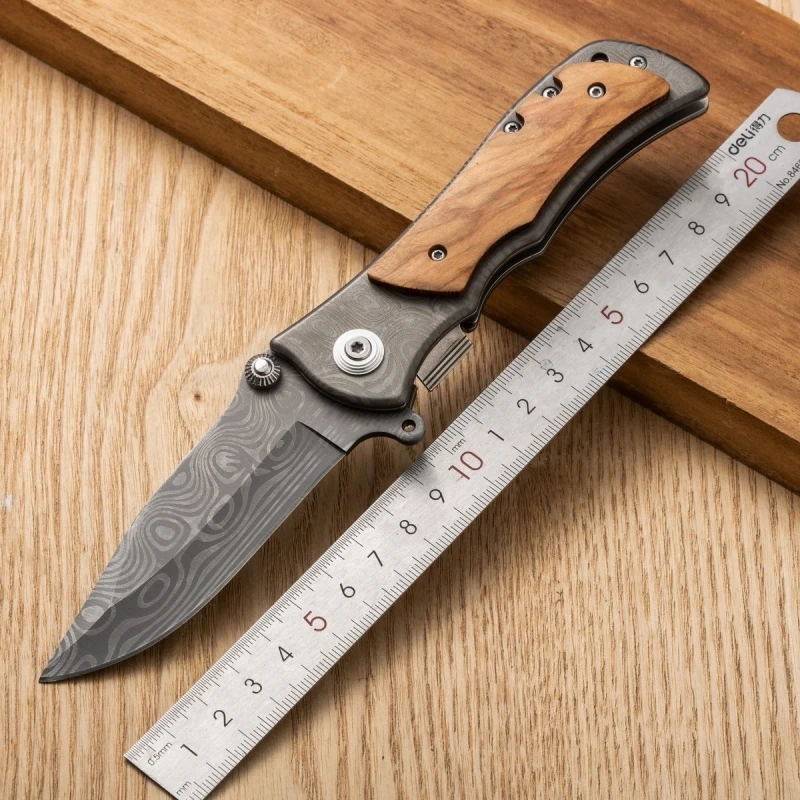 New Olive Wood Handle Damascus Pattern Folding Knife Outdoor Camping Mountaineering Portable Stainless Steel Folding Knife