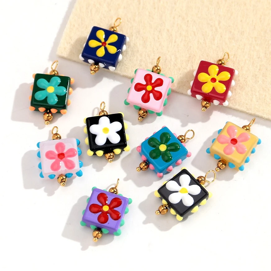 5/10pcs Stainless Steel Colorful Flower Square Lampwork Glass Charms Pendant for DIY Jewelry Making Earring Necklace Accessories