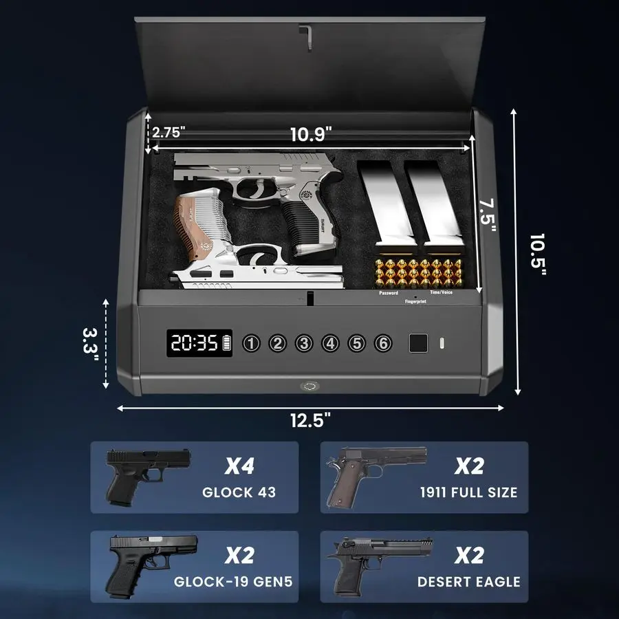ピストル用ガンセーフ、指紋認証デジタルPINキー付きハンドガンセーフ、家庭用寝室ベッドサイドナイトスタンド用ガンロックボックス収納