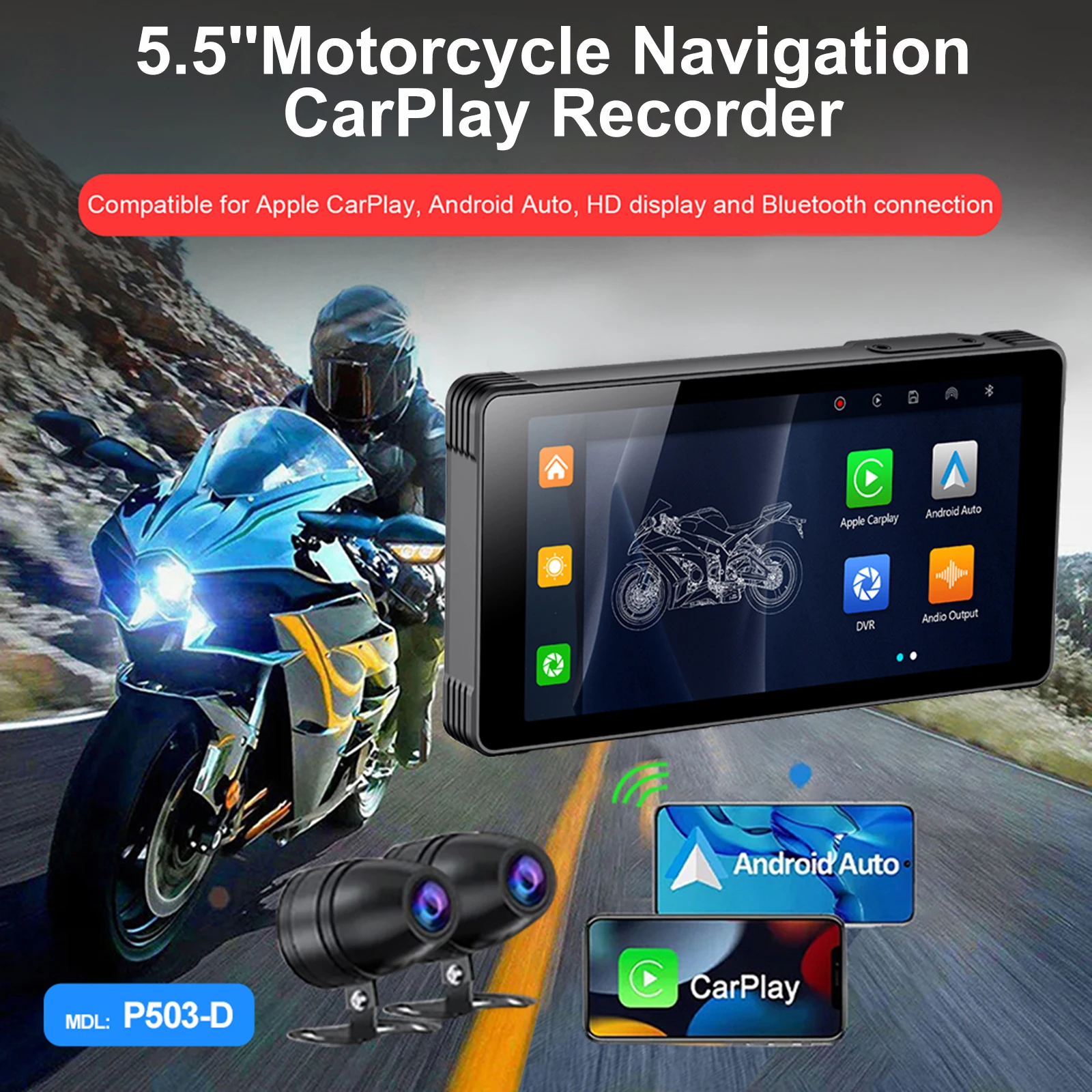 

5.5 Inch Portable Motorcycle Special Navigator IPX7 Waterproof Navigation Recorder Wireless CarPlay Android Auto Bluetooth