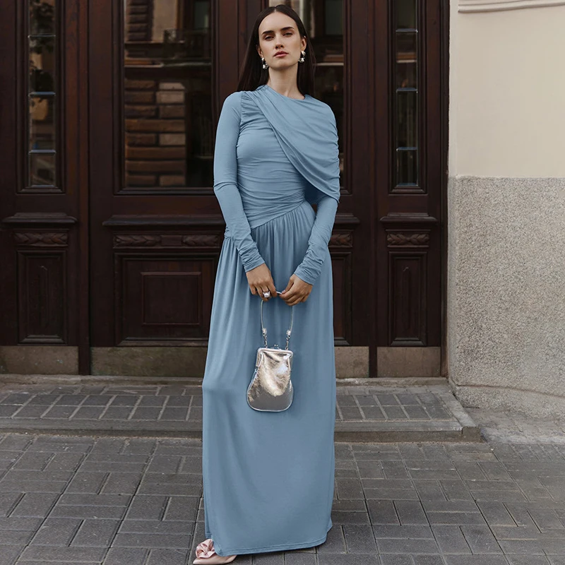 

Tornova Fashion Ruched Long Sleeve Dress Female Autumn New Waist-closing Maxi Dress Sexy Slim Irregular Splice Robe Dress Lady
