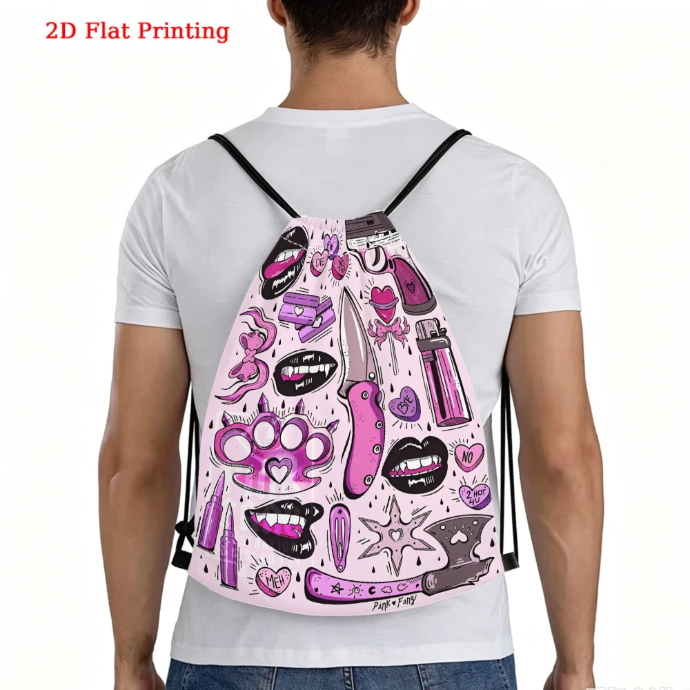 Y2k Aesthetic, Drawstring Backpack, 2d Flat Printing Punk Lips Pattern, Gym Sports Bag, Outdoor Travel Cinch Sack