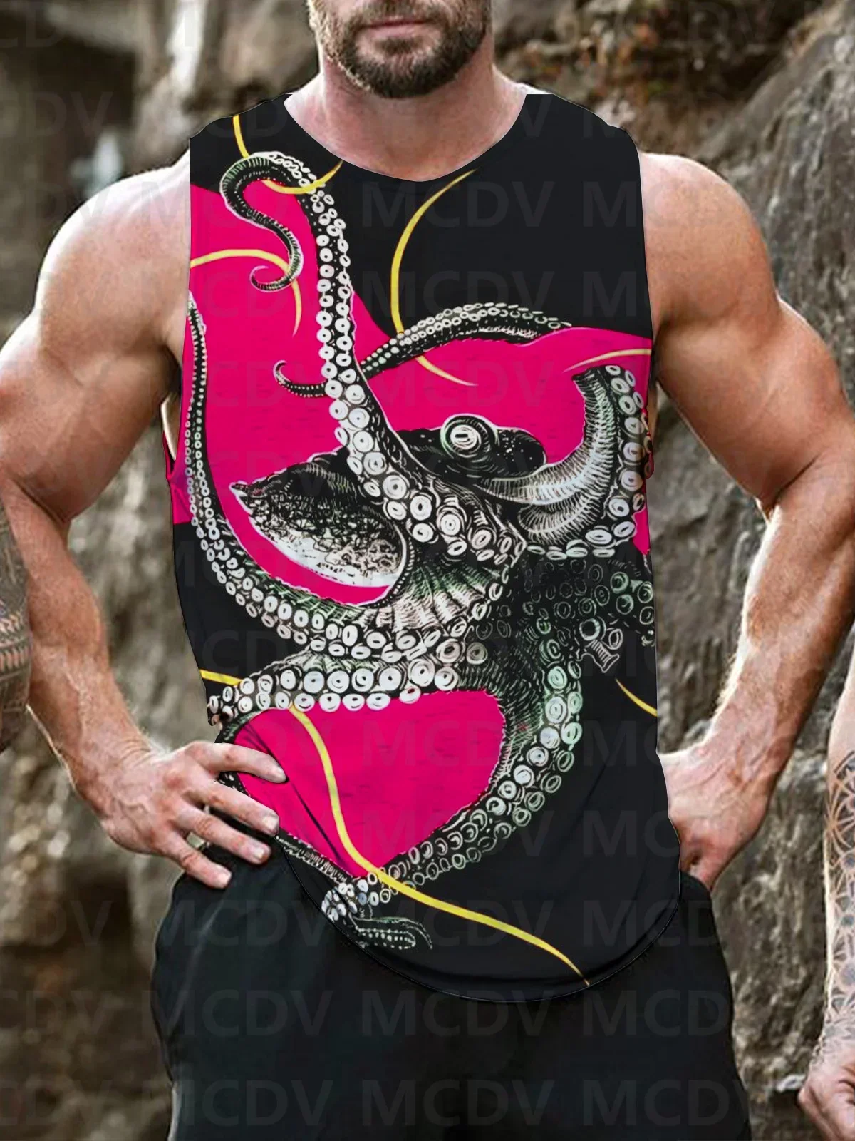 Men's Retro Pink Ocean Octopus Print Round Neck Casual Tank Top 3D Printed Tank Tops Men Summer Tops
