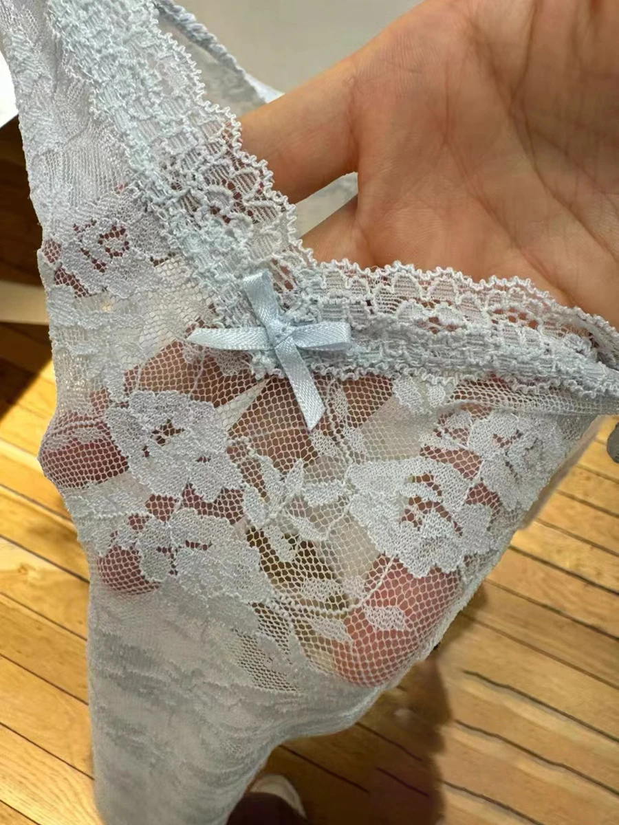 Blue Lace Sexy Transparent Tank Tops Summer Bow V Neck Sleevless Slim Thin Camis Vests Women Vintage Solid Sweet Mesh Crop Top