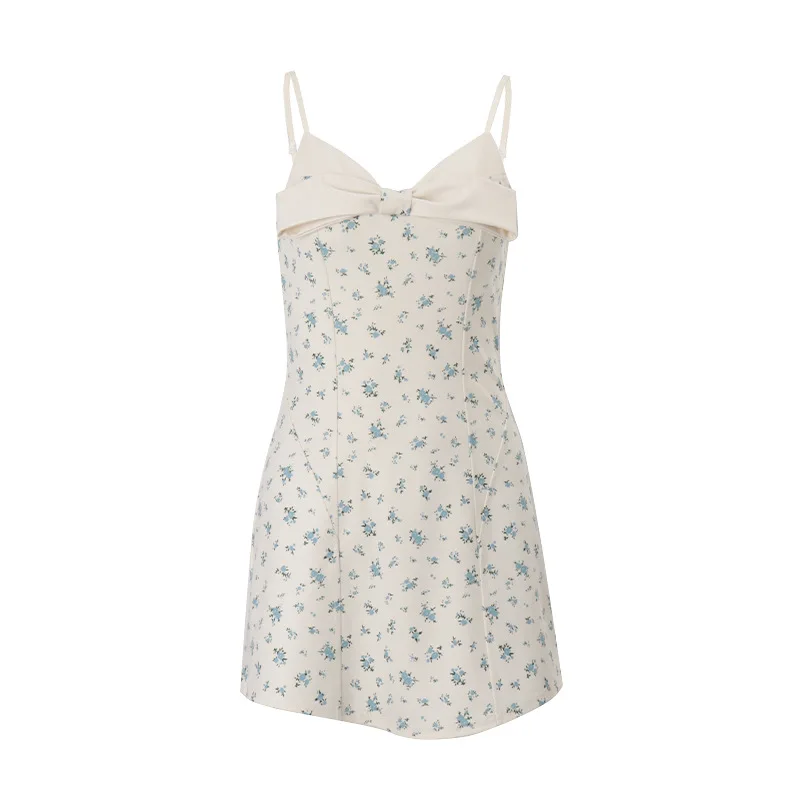 EINY Korean Elegant Straps Printing Floral Mini Dress Summer Fashion Bow Sleeveles Slim Fit Sexy Party Club A-line Dresses y2k