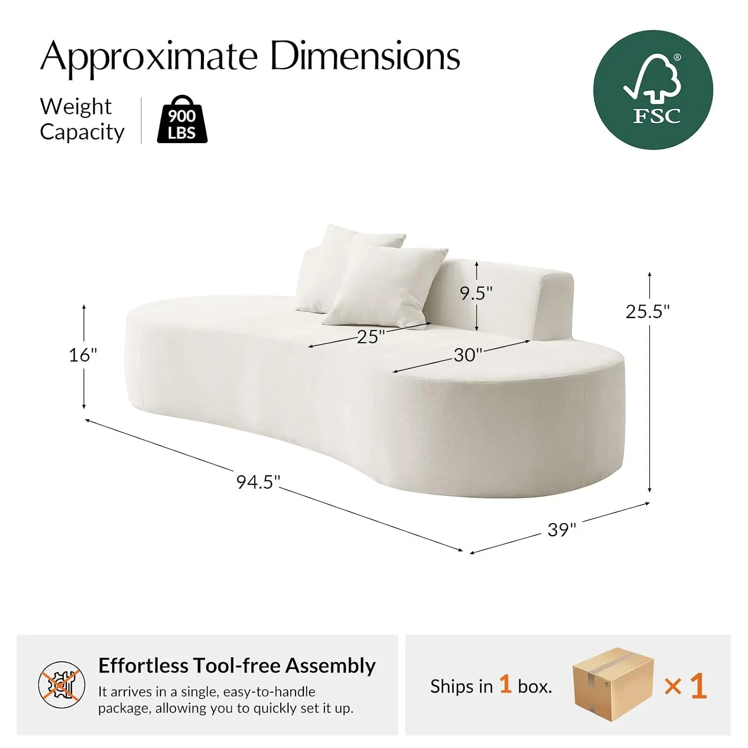 Curved 3 Seater Sofa With Deep Seat & 2 Pillows, Oversized Foam Couch For Living Room, No Assembly, Ivory, Customized