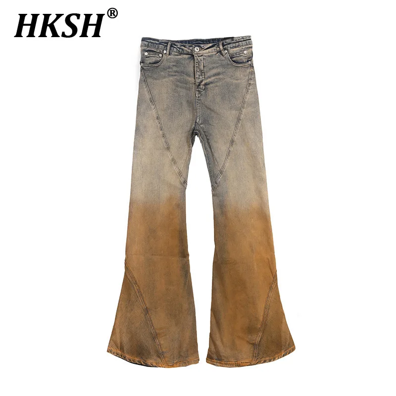 HKSH 2024 Autumn New Men's Tide Dark RO Washed Loose Wide Leg Micro Flared Stacking Gradient Vintage Jeans Contrast Color HK3293