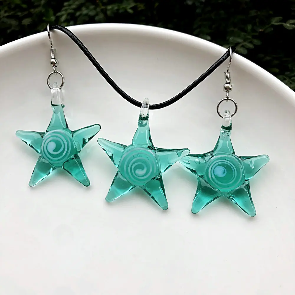 1Set Murano Lampwork Crystal Blue Starfish Crystal Necklace For Wome Lobster Glass Pendant Summer Beach Charm  Gift Sands Jewelr