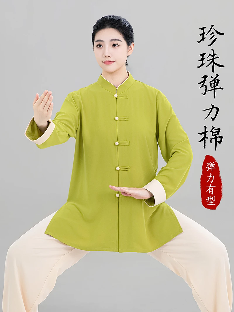 Premium Women's 3-Season Stretch Cotton Tai Chi Practice Uniform - Lightweight Contrast Cuffs Breathable (Baduanjin Re
