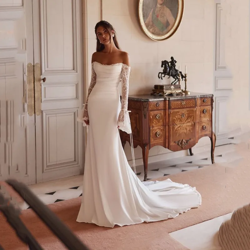 

Customized Boho Lace Long Sleeves Wedding Dress Mermaid Strapless Pleat Off Shoulder Bridal Dresses Sexy Backless Bridal Gowns
