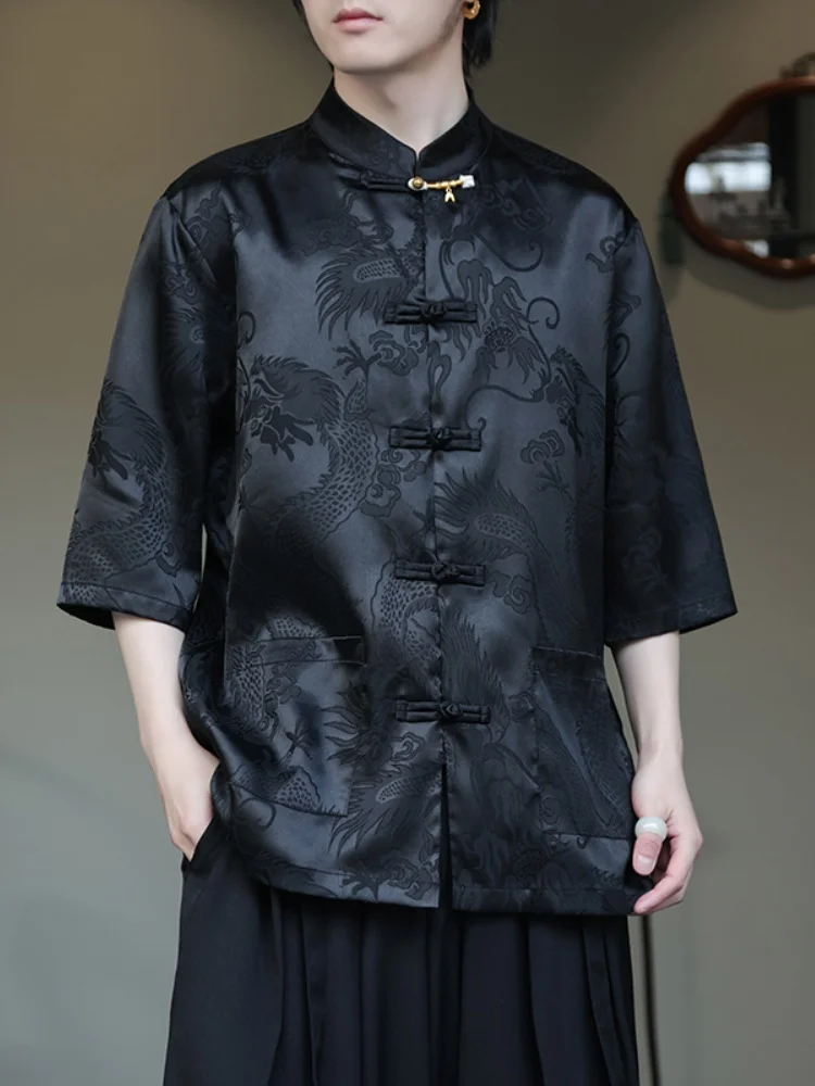 

Мужская рубашка из ледяного шелка с коротким рукавом, свободного кроя, с воротником-стойкой, в стиле Тан, модный бренд, летняя новинка, в китайском стиле, ретро, на пуговицах