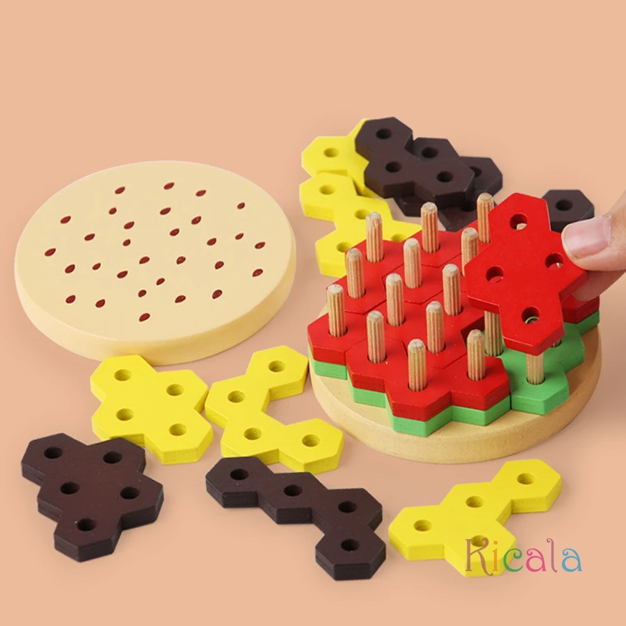Montessori Hamburger Building Blocks Ordinamento e impilamento geometrici in legno Giocattolo Gioco di puzzle a colori per l'apprendimento educativo precoce