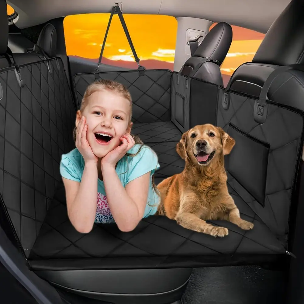 Large Dog Car Seat Cover with Hard Bottom, Holds 420lbs, Waterproof Pet Hammock for Cars, SUVs, Trucks, Black
