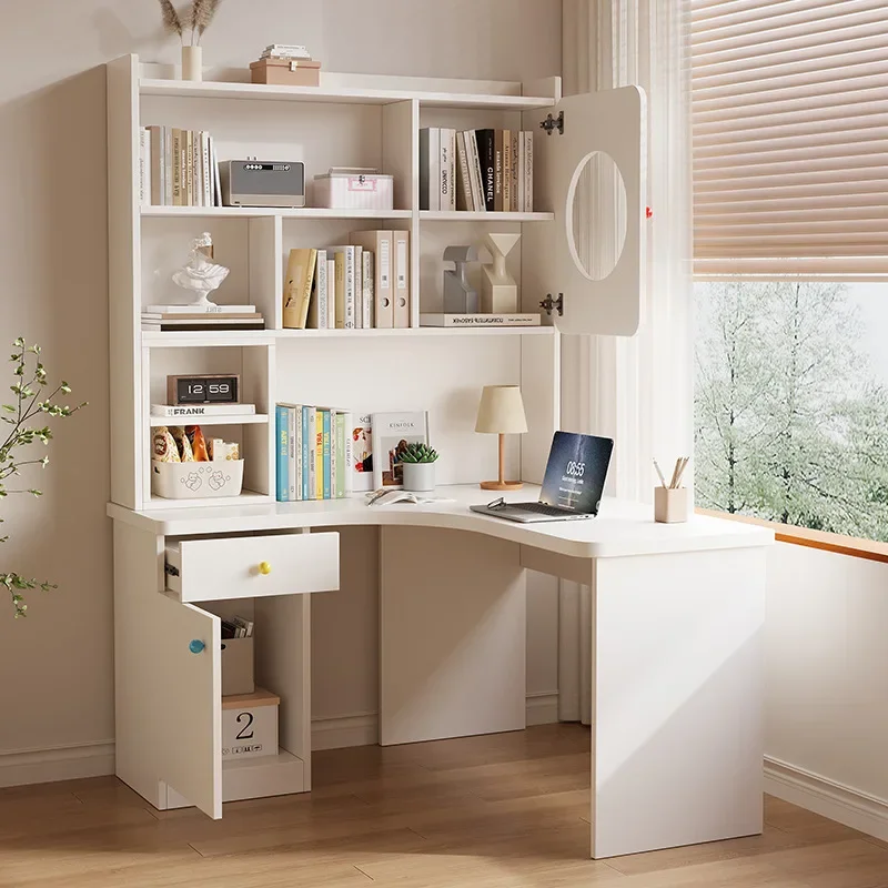 Corner desk Bookshelf integrated computer desk Cream wind solid wood multi-functional desk Home children's study table