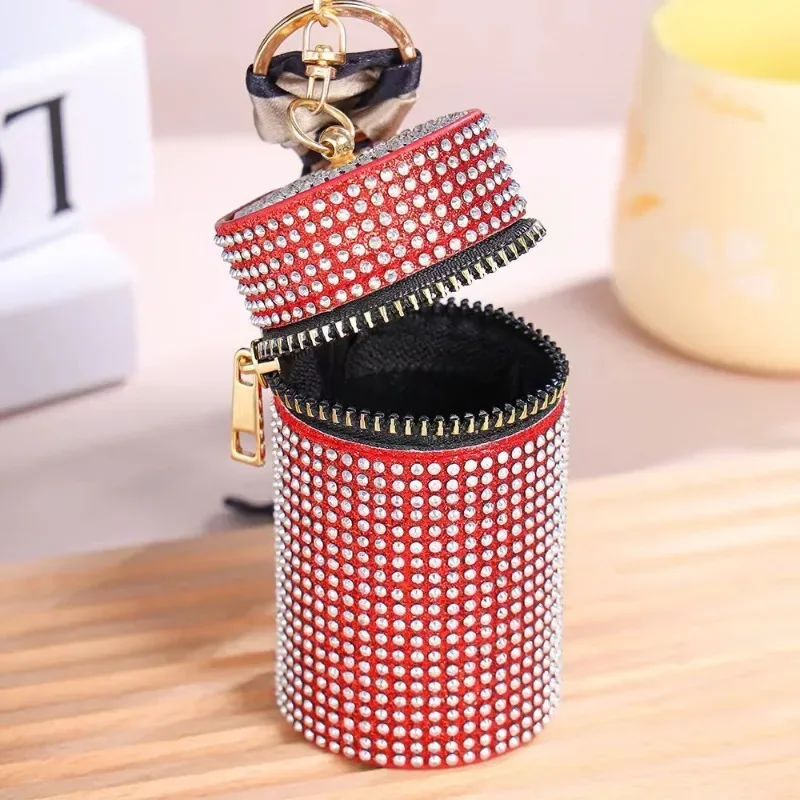 New Cylindrical Stylish Mini Rhinestone PU Lipstick Bag with Silk Scarf Keychain Women Portable Zipper Coin Purse Coin Bag