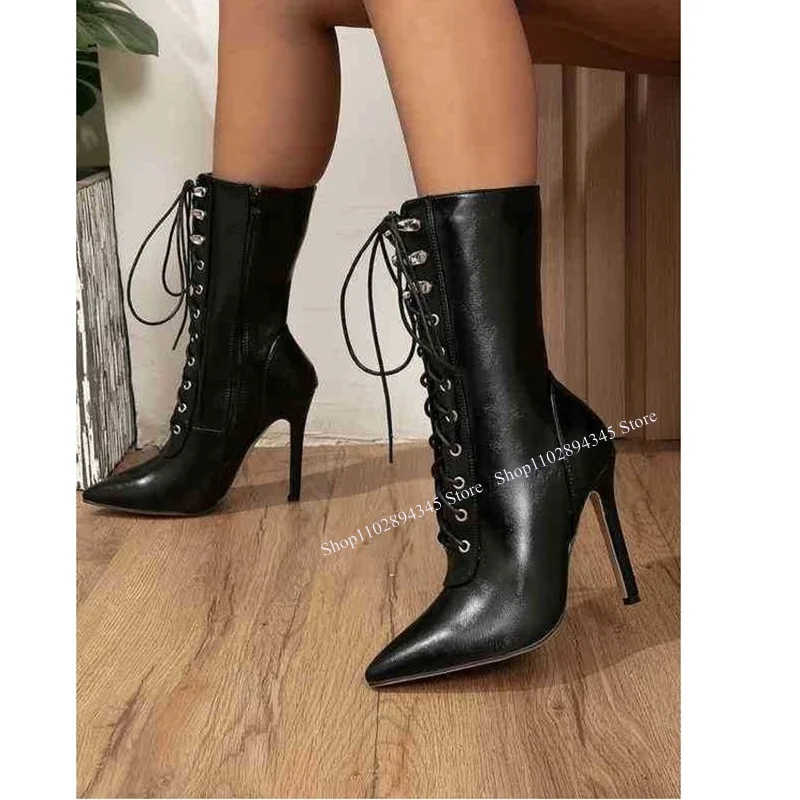 

Black Lace Up Mid Calf Boots Pointed Toe Thin High Heel Cool Fashion Sexy 2024 Winter Big Size Woman Shoes Zapatillas Mujer