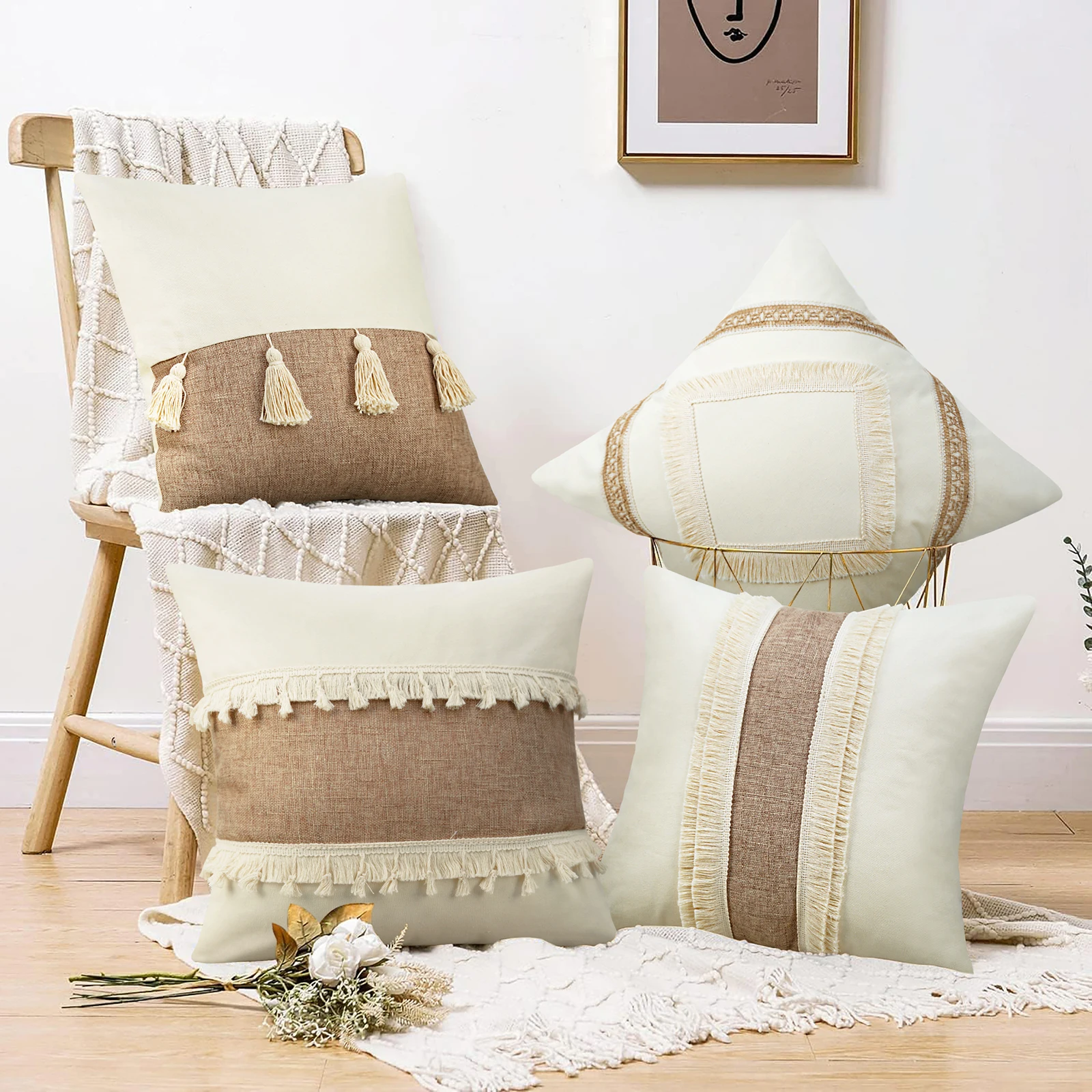 Bohemian Nordic beige cushion cover tassel sofa cushion cover geometric home sofa decoration pillowcase bay window cushion cover