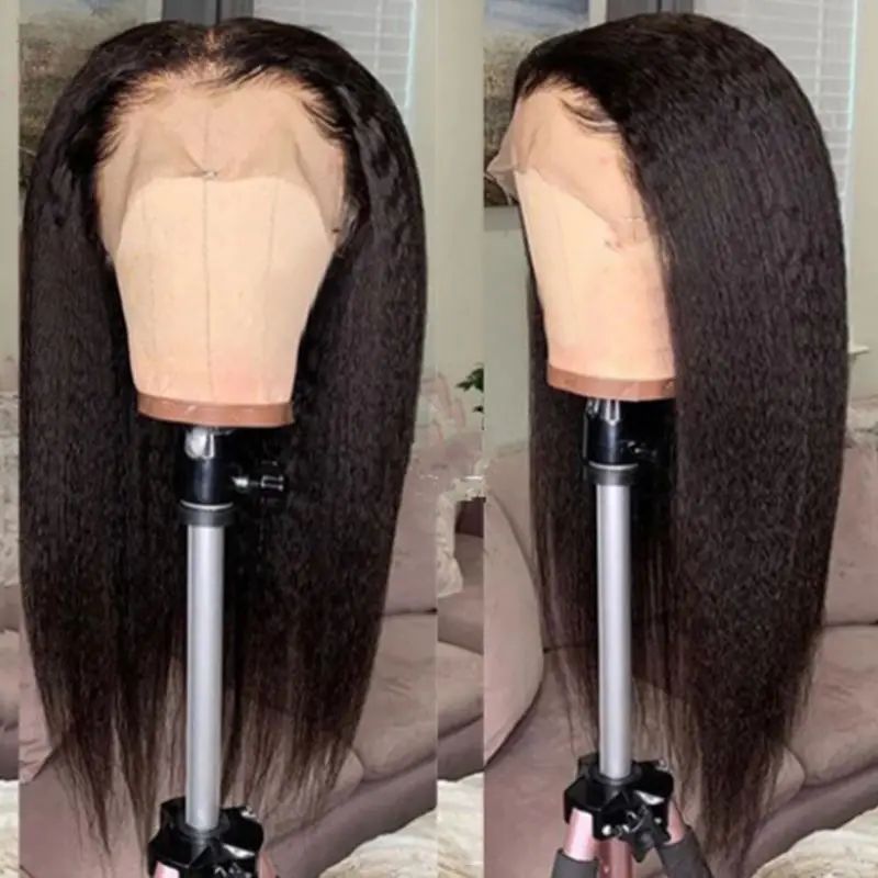 

Natural Black Soft 28 inch 200% Density Long Yaki Kinky Straight Lace Front Wig For Women With Baby Hair Preplucked Glueless