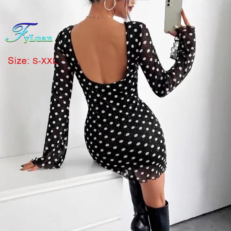 Neue frauen Mini Kleid Elegante Mesh Polka Dot Print Rundhals Paket Hüften Kleid Sexy Backless Langarm Abend prom Kleidung