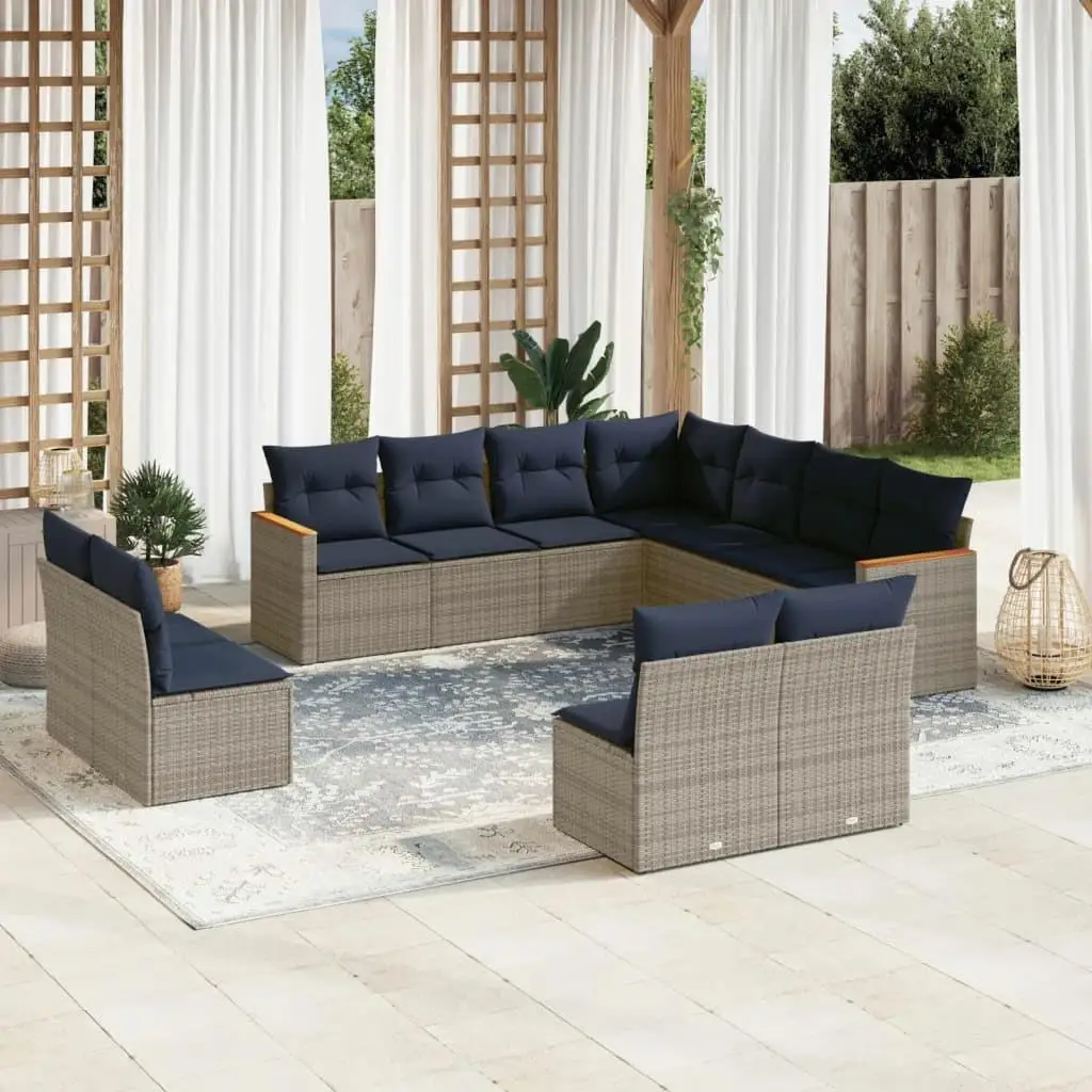 

11 Piece Gray Poly Rattan Patio Sofa Set with Cushions Outdoor Garden Furniture