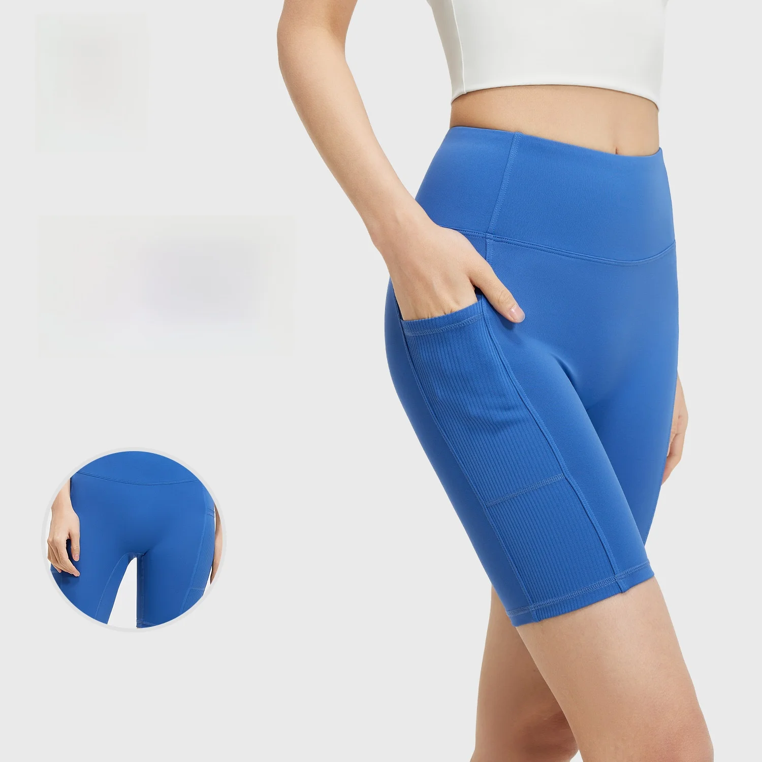 Ju Yitang Hoge Taille Gestreepte Pocket Yoga Shorts Dames Hip-Lifting Buik-Tucking Running Sport Strakke Broek