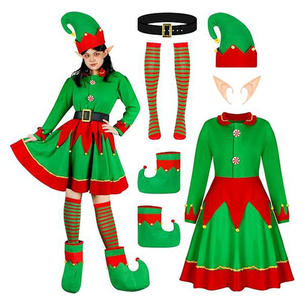 

Christmas Santa Claus Costume Women Green Elf Cosplay Girl Carnival Party New Year Fancy Dress Clothes Set Parent-child Clothing