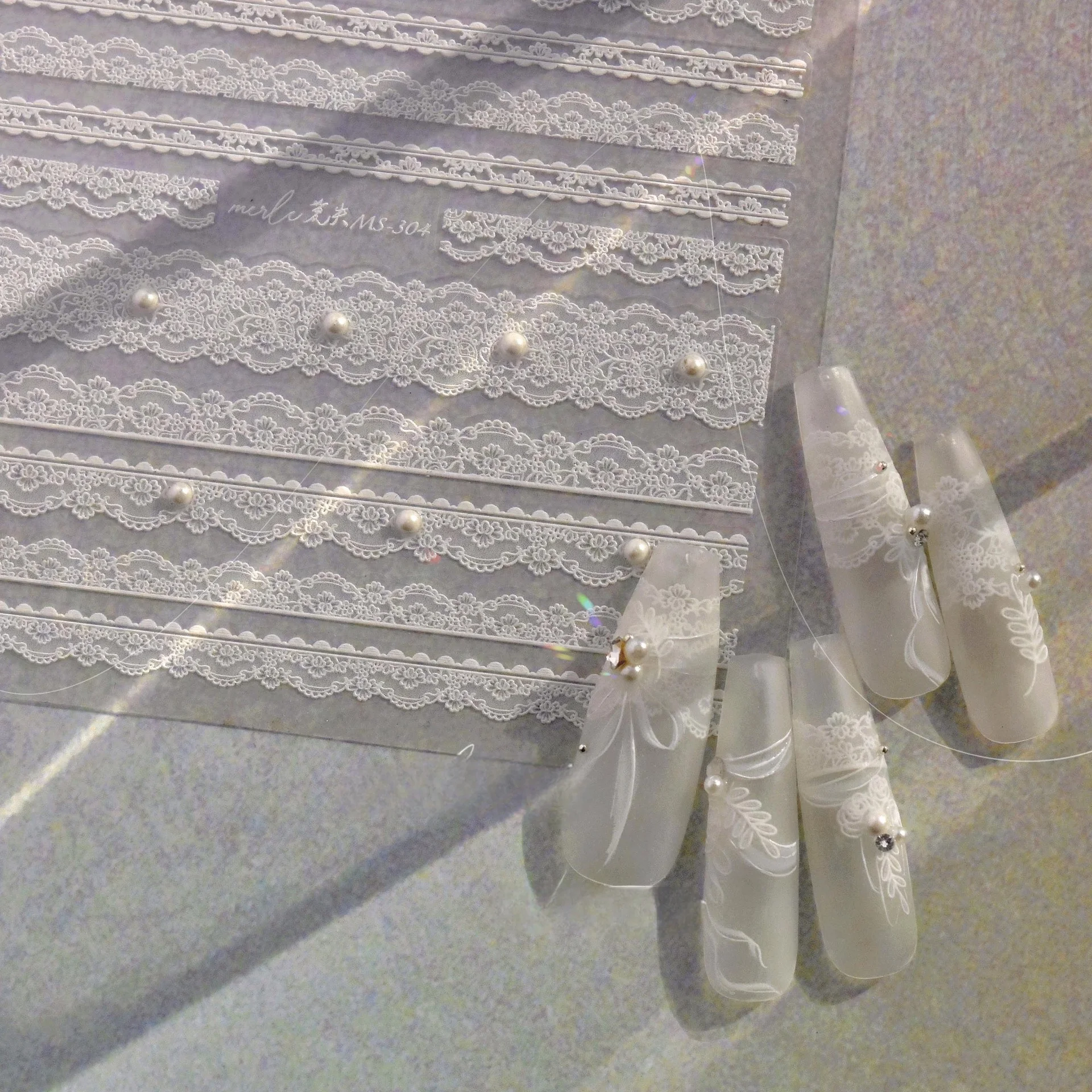 

5D black and white lace stripe nail art sticker high quality comes with pearl diamond gemstone design sticker decorative sticker